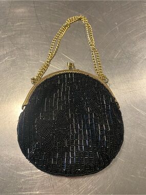 Vintage Black Beaded Round Evening Bag with Gold Chain